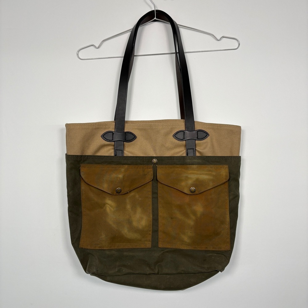 Filson Unisex Tote Bag with Pockets OS Tan Green Rugged Twill Tin Cloth 70085